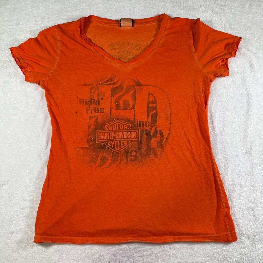 Harley Davidson Women's Orange V-Neck T-Shirt The Woodlands Texas Size L